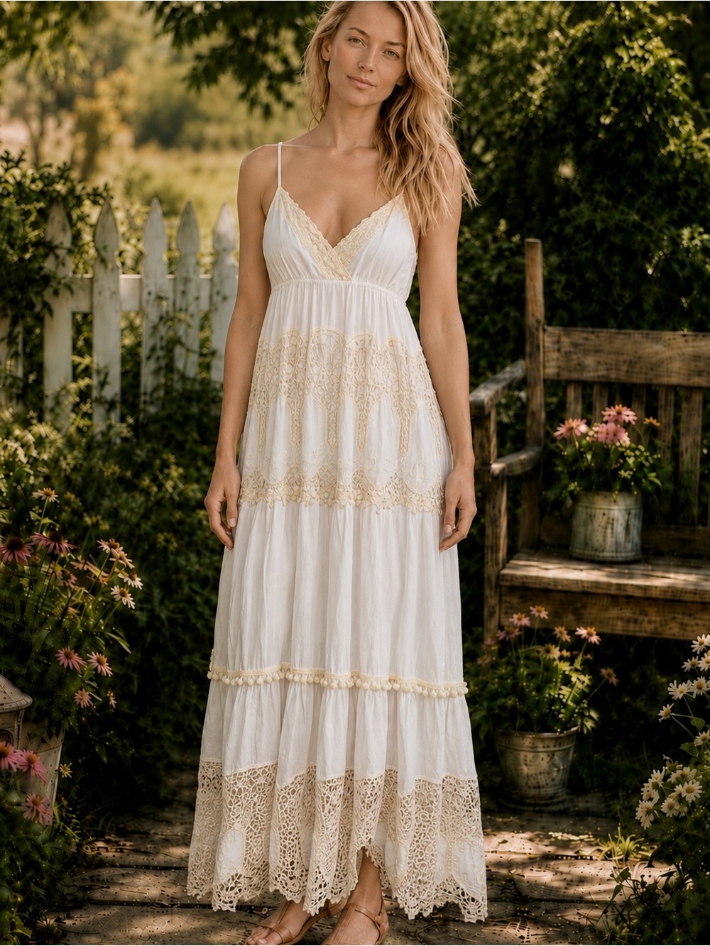 ADDconfdt Ivory Crochet Lace Tiered Maxi Dress Size L NWT Boho Romantic